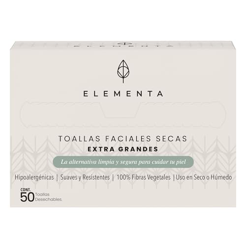 Elementa Toallas Faciales Secas Extra Grandes Desechables (Rostro Limpio y Sin Bacterias), Hipoalergénicas, 100% Biodegradables | Toallitas Desmaquillantes, Skin Care | 1 Paquete con 50 Toallitas.
