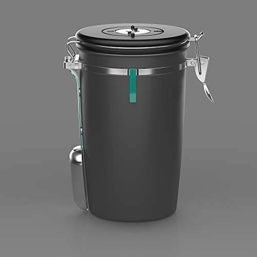 Beans and Coffee Grounds Container - New 2020 Model Coffee Gator Stainless Steel Canister - CO2 Release Valve, Magnetic Scoop Attachment and Bag-Saver Clip - Holds 22oz Beans, 64floz Capacity