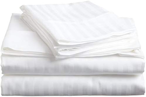 400-Thread-Count 100% Cotton White Stripe King-Sheets Set, 4-Piece Long-Staple Combed Cotton Sheets for Bed, Breathable, Soft & Silky Sateen Weave Fits Mattress Upto 18'' Deep Pocket
