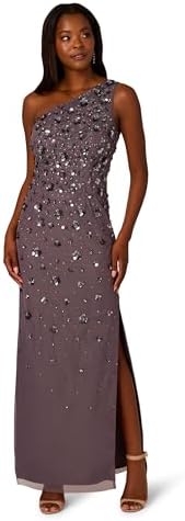 adrianna papell one shoulder beaded dress One Shoulder Floral Sequin Bead Gown In Light Navy