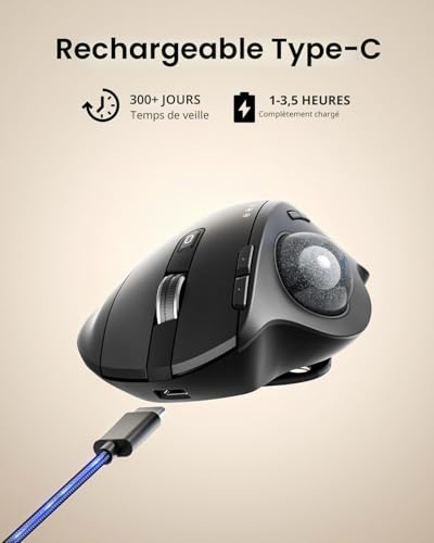ProtoArc EM01 NL Trackball Mouse, Ergonomic Angle Adjustable Mouse, Bluetooth Mouse Wireless Rollerball, Rechargeable, Thumb Control, Connection of 3 Devices for PC, Mac, Windows