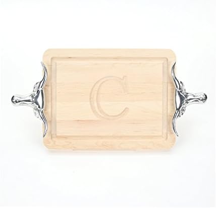 BigWood Boards Cutting Board with Longhorn Handles, Monogrammed Cutting Board, Small Cheese Board, Maple Wood Serving Tray, "C"
