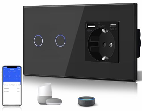 BSEED WiFi Smart Switch, Touch Switches with Glass, Compatible with Alexa, Tuya and Smart Life, Neutral Cable Required, 2 Gang 1 Way + 1 USB/Type C Plug, 157 mm Black
