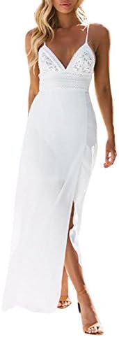 Pervobs Dress, Women Chiffon Sleeveless Solid Lace Camisole Splicing Backless Casual Beach Long Maxi Dress Blue