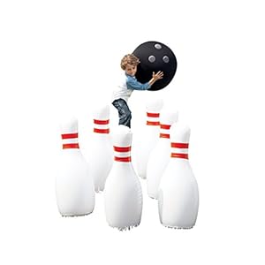 HearthSong Giant Indoor/Outdoor Inflatable Bowling Game for Kids’ with Six 29″H Pins and 20″ diam. Ball