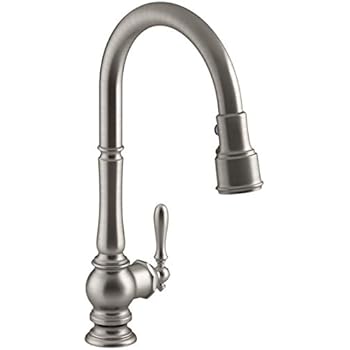 Kohler K-99259-VS Artifacts Single-Hole Kitchen Sink Faucet with 17-5/8-Inch Pull-Down Spout, 3-Function Sprayhead, and Turned Lever Handle, Vibrant Stainless