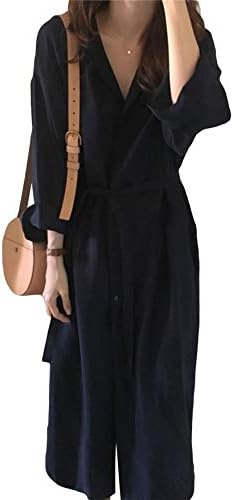 GGUHHU Womens Chic Button Down Rolled-Up Sleeve Long Cotton Blouse Maxi Dress