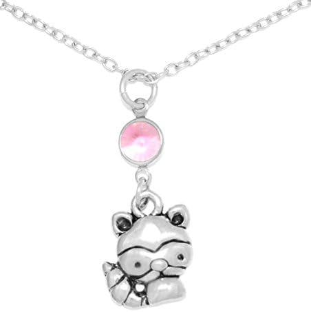 Clayvision Raccoon Racoon Bandit Charm Necklace w/ Rose Colored Pink Crystal October