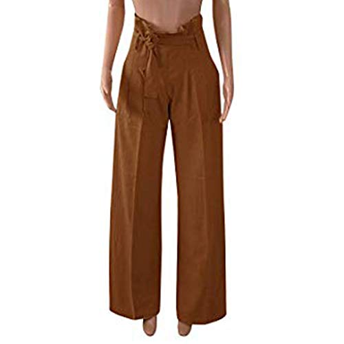 Pervobs Womens Comfy Chic Palazzo Lounge Pant Casual Paper Bag Pants Elastic Waist Pockets Wide Leg Pant Trouser(L, Z01-Coffee)