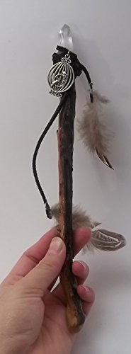 Crystal Wand Pyrite And Apoxie Arkansas Crystal With Sagebrush Handle Wiccan Clothing Suede Leather Cording Comic Con Cosplay w/ Bird Cage Charm And Feathers