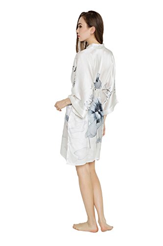 Old Shanghai Women's Silk Kimono Short Robe - Handpainted, Lotus Black & White