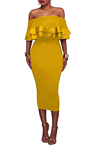 Wonderoy Women's Ruffles Off Shoulder Fitted Club Party Cocktail Bodycon Midi Dress XL Yellow