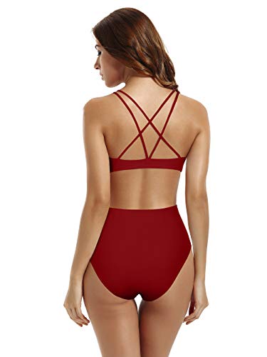 zeraca Women'sHigh Waisted Bottom Crossback Bralette Bikini Bathing Suits (Dark Red 18, Medium 8-10)