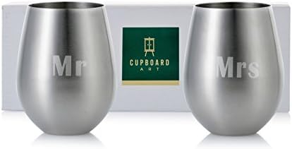 Mr/Mrs, Mr/Mr, or Mrs/Mrs: Set of 2 Stemless Stainless Steel Engraved Unbreakable and Shatterproof 18 oz Wine Glasses (Mr and Mrs)