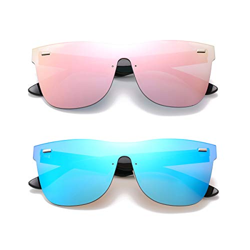 Rimless Mirrored Lens One Piece Sunglasses UV400 Protection for Women Men (Pink+Blue)