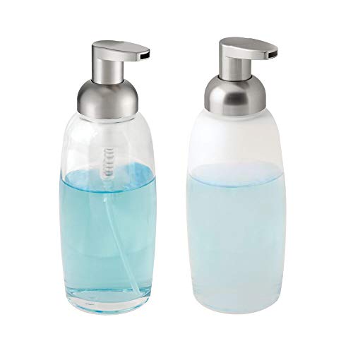 mDesign Modern Glass Refillable Foaming Soap Dispenser Pump Bottle for Bathroom Vanity Countertop, Kitchen Sink - Save Soap - Vintage-Inspired, Compact Design - 2 Pack - Clear/Brushed & Frost/Brushed