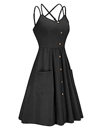 OUGES Vestido de verano para dama, cuello en V, con tirantes, con bolsillos