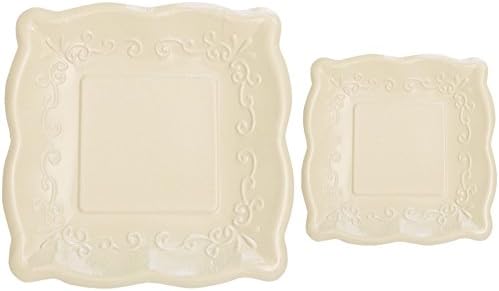 Scalloped Embossed Square Premium Paper Plates: Bundle Includes Dinner Plates and Appetizer/Dessert Plates for 8 Guests (Linen)