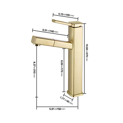 KAIYING Bathroom Pull Down Vessel Sink Faucet, Lavatory Single Hole Basin Sink Faucet with Pull Out Sprayer, Single Handle Utility Kitchen Mixer Tap with Rotating Spout, Brass (Tall, Brushed Gold) - Thumbnail 5