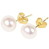 Authentic Freshwater Pearl Stud Earrings for Women, Mom, Teen Girls or Girls - Real 8mm Set with Gold