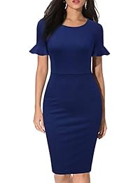 WOOSEA Elegante Cuello Redondo Volantes Mangas Cortas de Trabajo de Negocios de la Oficina de la Vaina Vestido