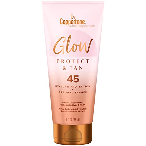 COPPERTONE GLOW PROTECT AND TAN SUNSCREEN LOTION + GRADUAL SELF TANNER, SPF 45 SUNSCREEN, 5 FL OZ TUBE