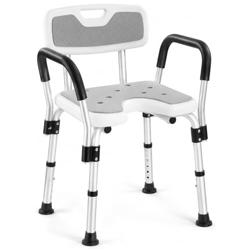 KSITEX Shower Chair for Elderly U 6 Height Adjustable Stool Armrests, Aluminium Bathtub Chair with Non-Slip Seat for Indoor Shower, Non-Slip Safety up to 150 kg