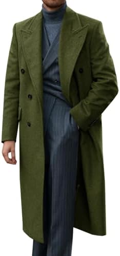 chouyatou Men's Fall Winter Office Single Breasted Long Dress Wool