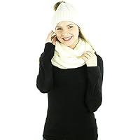 Exotic Identity Pom Pom Hat and Infinity Scarf Cable Knit 2-Piece Gift Set Snow Angel Cold Winter Wear for Women - One Size - White