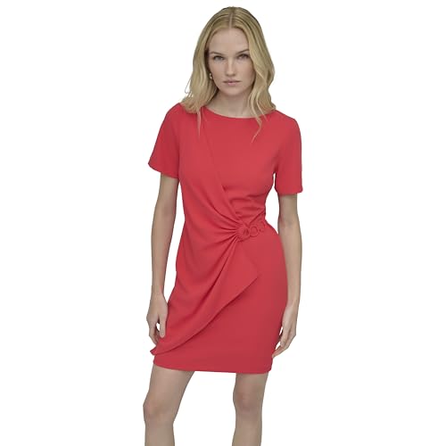 DKNY Women’s Short Sleeve Jewel Neck Sheath Mini Dress, Watermelon Sugar