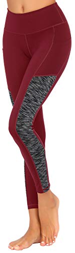 ESPIDOO High Waist Yoga Pants with Pockets for Women Tummy Control Non See-Through 4 Way Stretch Yoga Leggings, Wine Red, S