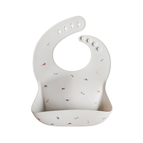 Mushie Silicone Baby Bib | Adjustable Fit Waterproof Bibs (Safari Light Grey)