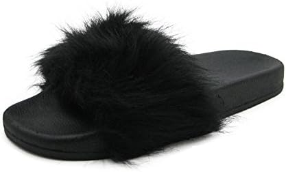 Fashion Blue Trendy Cute Color Women's Furry Fur Slide (XL/11, Long Haired Black)