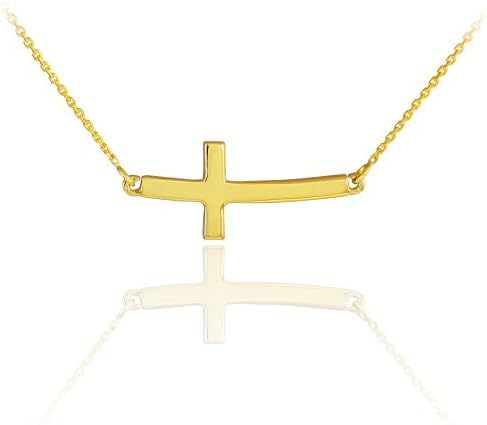 14K White or Yellow Gold Sideways Curved Cross Necklace - Choice of Metal Color and Necklace Length