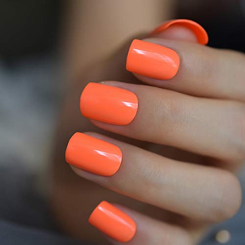 Echiq Neon Fake Nails Short For Daily Wear Square Natural Shape Glossy Gel Nails Orange Pink Simple Tips With Adhesive Pricepulse