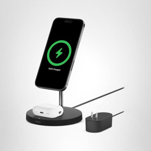 BELKIN MAGSAFE 2-IN-1 WIRELESS CHARGING STAND FOR APPLE IPHONE 16, IPHONE 15, IPHONE 14, & IPHONE 13 SERIES & AIRPODS – MAGSAFE FAST CHARGING STATION FOR MULTIPLE DEVICES – BLACK