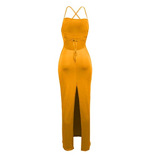 Womens Elegant Bodycon Casual Maxi Dress,Ladies 2019 Summer Sleeveless Solid Sexy Mature Soft Supple A-Line Sling Long Dress (Yellow, M)