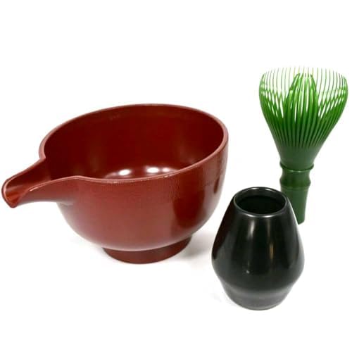 Resin Tea Set of Japanese Tea Whisk (Green Bamboo Color) and Lipped Red Tea Bowl for Matcha, Made in Japan