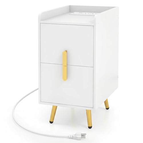 Giantex Nightstand with Charging Station, Narrow End Table with 2 Drawers & Met…