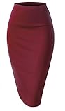 Women Elastic Waist Band Stretchy Fabric Pencil Skirt (Medium, Burgundy)