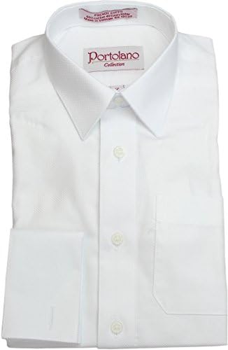 PORTOLANO Boys French Cuff Cufflink White Textured Dress Shirt - 2643 - White on White, 20