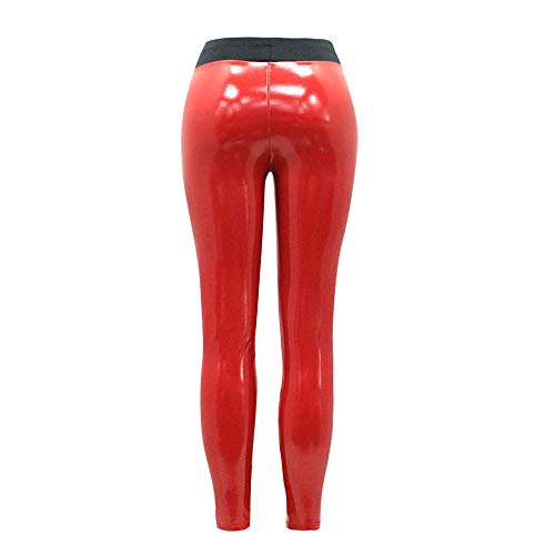 JOFOW Womens Pencil Pants Artificial Patent Leather Straight Leg Casual Stretch Skinny Fashion Slim Long Cropped Leggings (S =US:0-2,Red)