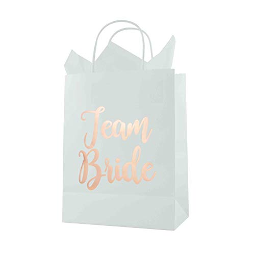 FOONEA Bridesmaid Gift Bag with Tissue Paper, 15 Pack Team Bride White Paper Bag for Bachelorette Party Favors, Bridal Party Bags, Rose Gold Gift Bags, Large Favor Bags, 10.63 x 8.27 x 4.33 inch