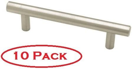 10 Pack, Solid Stainless Steel Satin Nickel Cabinet Hardware Euro Style Bar Handle Pull, 3-3/4" (96mm) Hole Centers, 6-1/8" Overall Length, with Additional Longer Screws. by AcerCore 7012.619