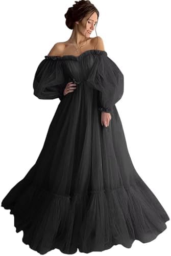 black puffy dress long Modest Long Two Piece Tulle Lace Puffy Black Wedding Dress With Sleeve