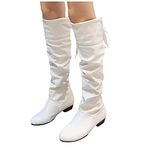 Aunimeifly Ladies Stylish Wild Solid Color Wedge High Booties Women's Warm Knee Elastic Long Boots(US:7.5,White)