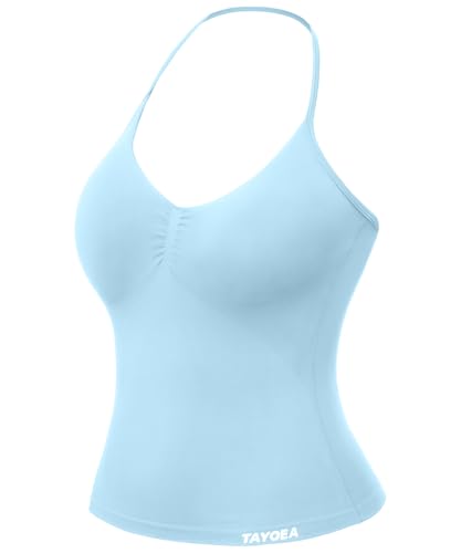 31u ittr+ML Tayoea Tank Top Damen Bauchfreies Oberteil Mit V-Ausschnitt Rückenfreies Crop Top Mit Integriertem Pads Damen Für Yoga Gym Hellblue,S