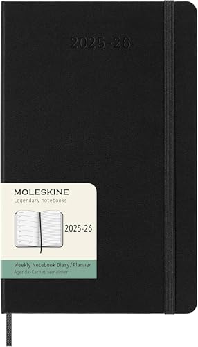 Moleskine Weekly Planner 2025-2026, 18-Month Weekly Planner With Note Space, Hard Cover and Elastic Closure, Large 13 x 21 cm, Colour Black