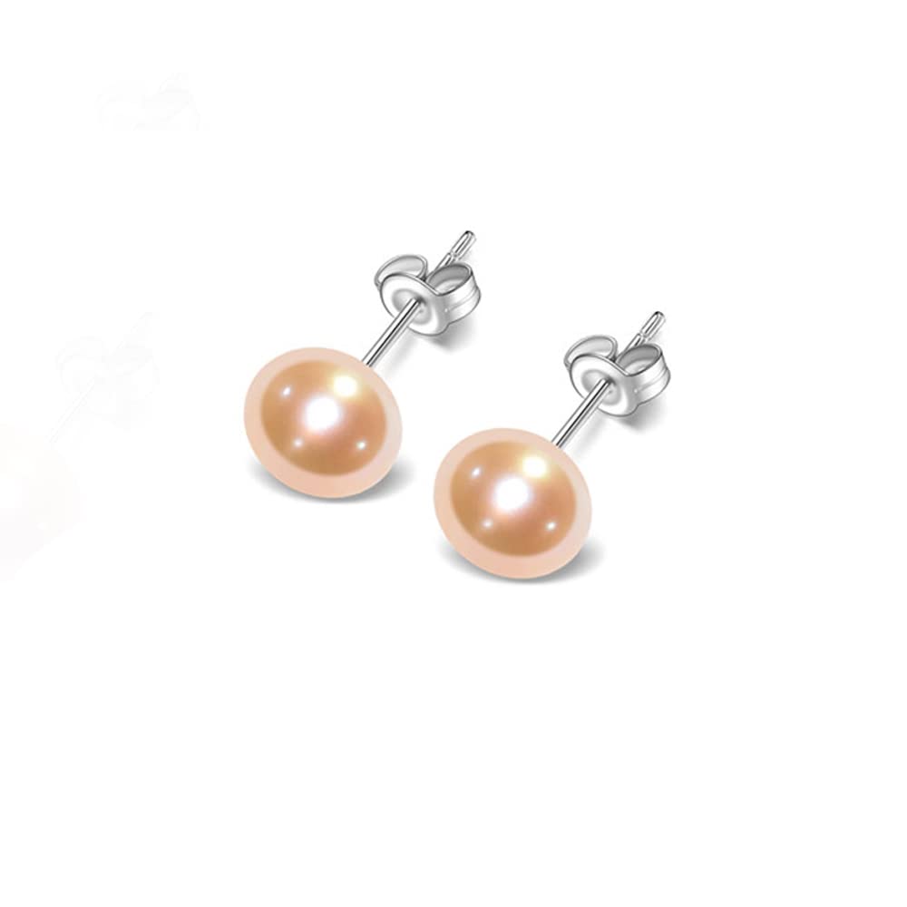 TreasureBay Classic Women's Pearl stud Earrings size 7-8mm colour: Pink/White/Black/Grey/Purple (Pink)