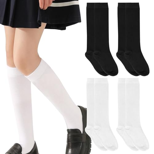 WiseJoy 4 Pieces Knee High Socks, School School High Stockings Cotton for Uniform and Sport, High Socks Children, Cotton Socks for Women Unisex